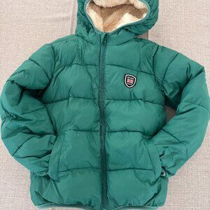Green Kids Puffer Jacket US Size 7/8 Small Sherpa Lined Hooded Winter Coat Sport